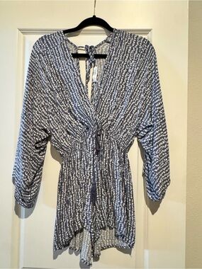 Blue Patterned low V neck romper